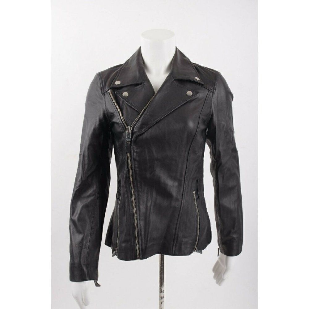 Paige Womens Dita Leather Biker Moto Jacket XS Black Asymmetric side zip close